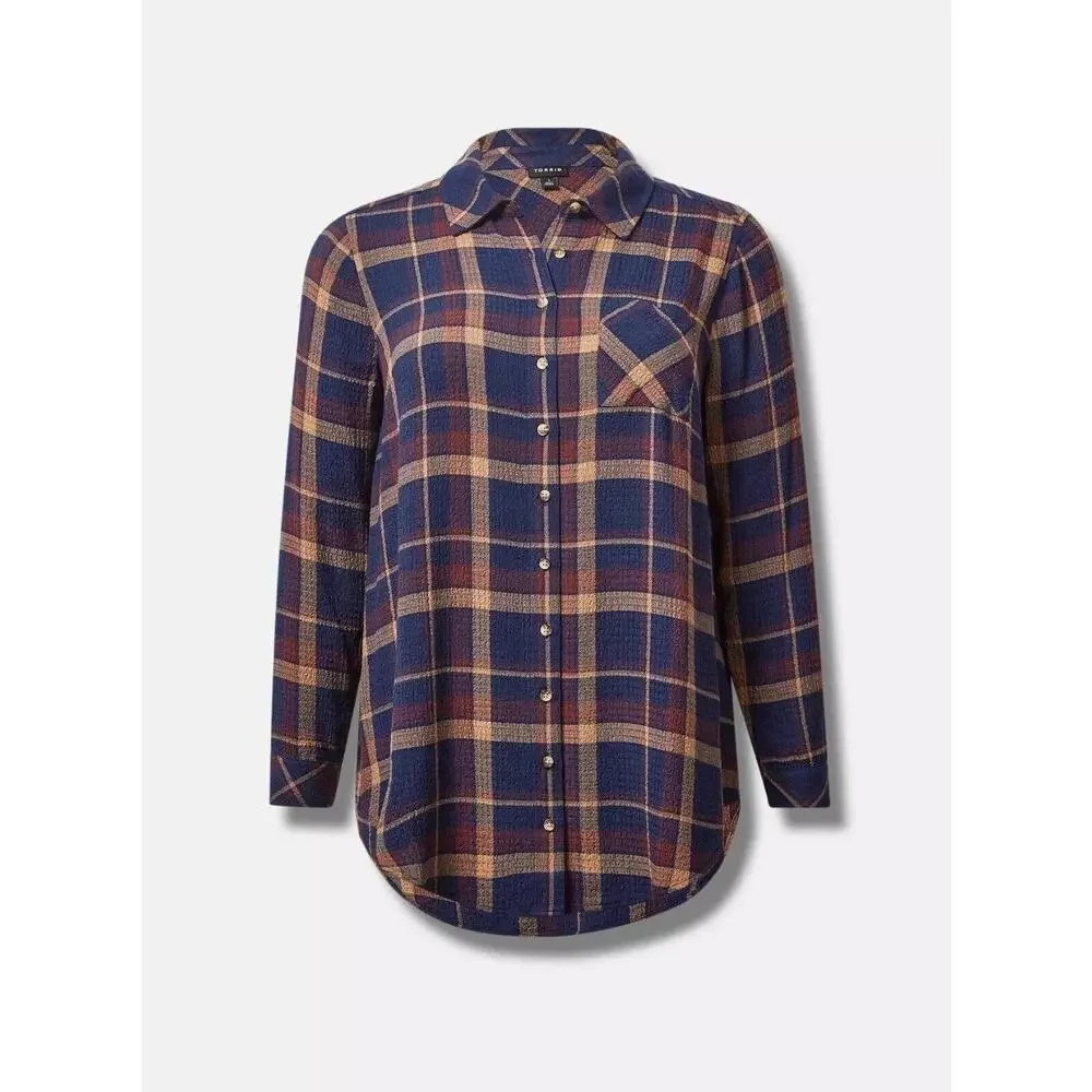 Torrid Lizzie Crinkle Flannel Gauze Button Up Tunic Navy Plaid Plus Size 3 3X - Picture 11 of 13